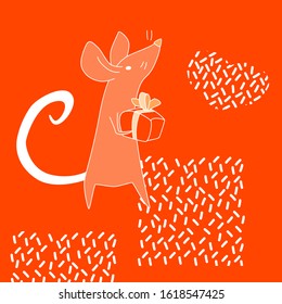 Cute orange rat with gift long white tale and heart on lush lava background valentine card for 14 february celebration stock vector illustration