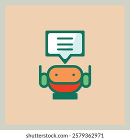 Cute orange robot icon with speech bubble vector illustration in flat design style