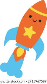 Um foguete laranja bonito com um rosto feliz e estrela explodindo no espaço. Ilustração vetorial de Kawaii isolada em branco para adesivos, educação e design de berçário.
