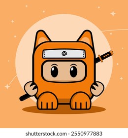 Cute Orange Rounded Square Cat Ninja with Sword, with Moon and Stars in Background Cartoon Vector Icon Illustration. People Holiday Icon Concept Isolated Premium Vector. Flat Cartoon Style.