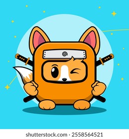 Cute Orange Rounded Square Fox Ninja with Sword, with Moon and Stars in Background Cartoon Vector Icon Illustration. People Holiday Icon Concept Isolated Premium Vector. Flat Cartoon Style.