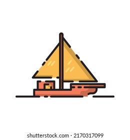 Caricatura de diseño plano de barco de vela de color naranja puro, póster, tarjeta de regalo, cubierta, logotipo, etiqueta e icono.
