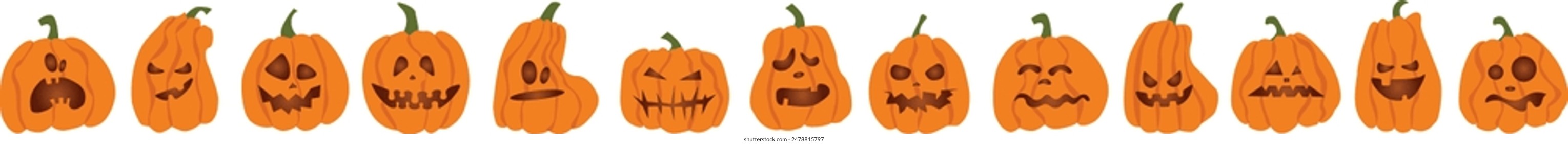 Lindas calabazas de miedo naranja con caras de Halloween. Octubre 31 gráficos de Vector. dibujo. fondo para la decoración de la fiesta.