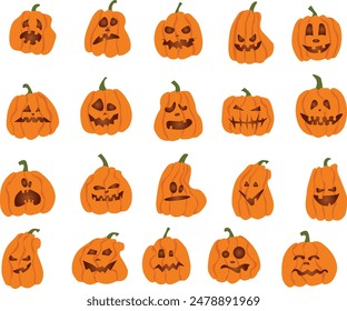 Lindas calabazas de miedo naranja con caras de Halloween. Octubre 31 gráficos de Vector. dibujo. fondo para la decoración de la fiesta.