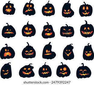 Lindas calabazas de miedo naranja con caras de Halloween. Octubre 31 gráficos de Vector. dibujo. fondo para la decoración de la fiesta.