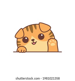 Cute orange scottish fold cat waving paw cartoon, vector illustration