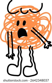 Cute orange scribble character with a worried expression. Funny hand-drawn monster looking scared and anxious.