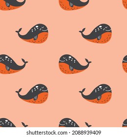 Cute orange sea whale vector seamless repeat pattern.