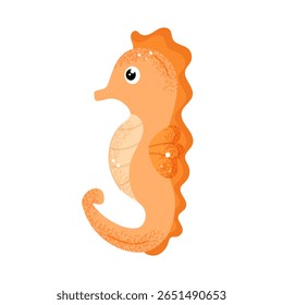 Cute orange seahorse in flat style. Hand drawn sea animal design. Vector illustration isolated on white background.