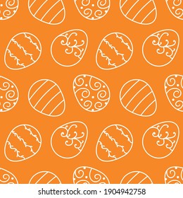Cute orange seamless pattern background with decorated easter eggs in doodle, hand drawn style.