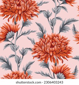 cute orange seamless vector stock flowers with grey leaves pattern on pink background