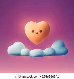 Cute orange shiny heart fly above blue cloud on purple background for Valentine Day or Wedding. Vector colorful high quality 3d render for post, banner and invitation on holiday or love message.