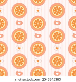 Cute orange slice and heart pattern.A cute pattern featuring vibrant orange slices and heart elements on a soft pink background.