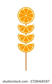 Cute orange slice skewer illustration with fresh citrus segments stacked on a wooden stick. Flat cartoon style with bright orange color, perfect for summer snacks, dessert, food illustrations