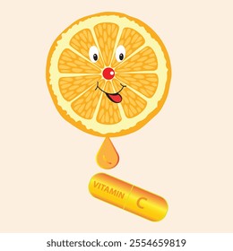 Cute orange slice with vitamin c capsule