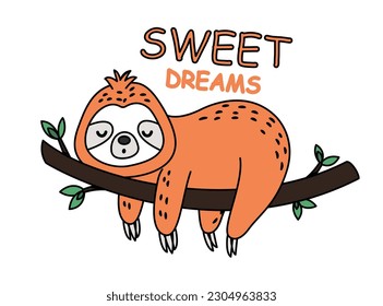 Cute orange sloth. Tropical and exotic Asian animal lies on branch next to sweet dreams inscription. Sticker for social networks and messengers. Cartoon flat vector illustration