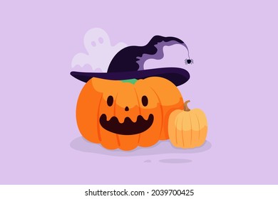 Cute orange smiling pumpkin in witch hat with ghost on a background. Happy Halloween holiday. Cartoon vector illustration.