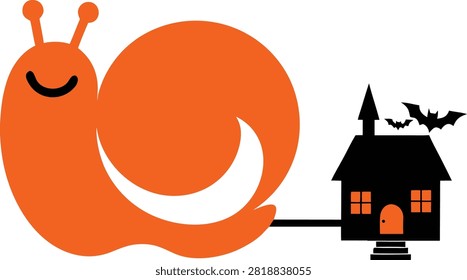 Cute orange snail carrying a haunted house with bats vector illustration