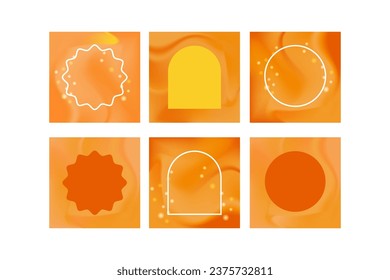 Cute orange social media template, square poster background, feed post, with geometric outlined shapes - circle, star, arch, with sparkles. Aesthetic orange background template for social media.
