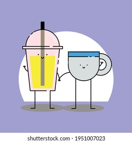 Cute orange softdrink and cup of tea holds hand Illustration. modern simple food vector icon, flat graphic symbol in trendy flat design style. Food character.