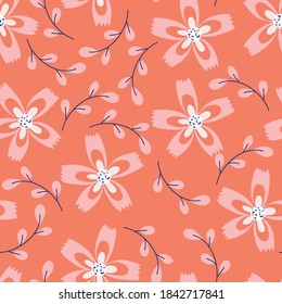 Cute Orange Spring Flowers Vector Seamless Pattern