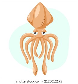 Cute orange squid on a blue background. Flat cartoon vector illustration.