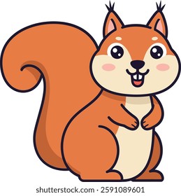 A cute orange squirrel stands upright, smiling playfully with its big eyes and fluffy tail, evoking a joyful atmosphere.