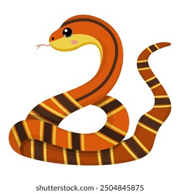 Cute orange striped snake. Colorful suffocating reptile. Chinese New Year symbol. Funny snake character isolated on white background. Vector illustration for card, sticker, calendar.