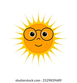 Cute orange sun with glasses in kawaii style. Symbol of sunshine, sunlight, joy, sunny weather. Vector illustration.