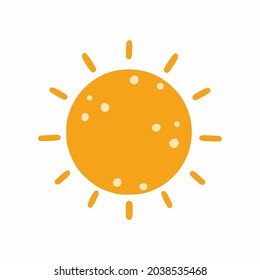 Cute orange sun with specks. Vector illustration in doodle style. Weather forecast. Hand-drawn drawing for children.