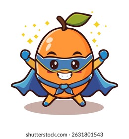 Cute orange superhero fruit character in blue cape and mask. Fun cartoon vector perfect for Father's Day, kids’ design, posters, or fruit-themed illustrations