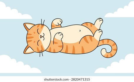 Cute orange tabby cat lying on its back floating in a soft blue sky surrounded by fluffy white clouds.