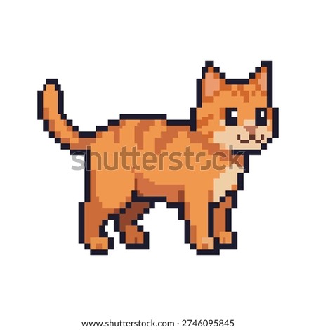 Cute orange tabby cat in pixel art style. Retro 8-bit kitten vector illustration for pet games and animal lovers isolated on white background.