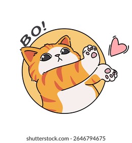 Cute Orange Tabby Cat Saying "Bo!" With Pink Heart Illustration.