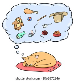 Cute orange tabby cat is sleeping and dreaming about cat toys. Vector hand drawn illustration of cat dreaming
