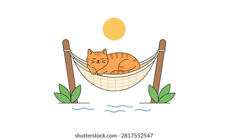 Cute orange tabby cat sleeping peacefully in a woven hammock between two wooden posts on a sunny day.