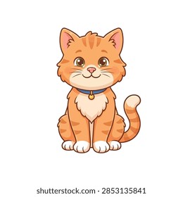 Cute orange tabby cat vector illustration featuring bright green eyes, fluffy fur, a charming little blue collar, and a playful friendly expression sitting gracefully on clean white surface