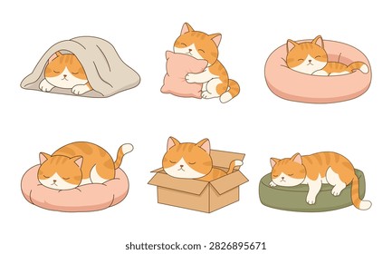 Cute orange tabby cats sleeping and relaxing in cozy places including blankets, pillows, pet beds, cardboard boxes, and cushions. Adorable hand drawn cartoon animal illustration.