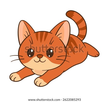 Cute orange tabby kitten is lying on his belly. Chibi ginger Cat. Flat style, clean, simple, adorable feline graphic. Perfect for children’s content, greeting cards, stickers, or tshirts, mug, poster