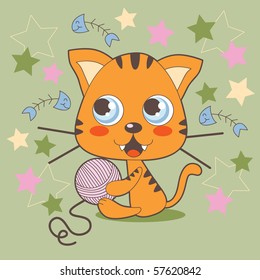 Cute orange tabby kitten playing with pink yarn ball