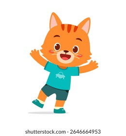 Cute Orange Tabby Kitten Wearing Clothes Raising Arms with Smiling Expression Illustration