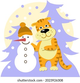 Cute orange tiger cub sculpts a snowman on the street against the background of Christmas trees, snow is falling. Vector illustration