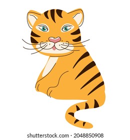Cute Orange tiger cub with a striped back is sitting sideways, isolated on a white background. A symbol of the year in a hand-drawn style. Vector illustration