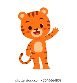 Lindos Laranja Tigre Cub Ondulação Olá com um grande sorriso no fundo branco Desenho Animado Ilustração