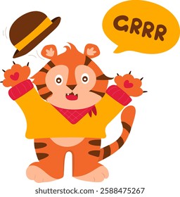 Cute orange tiger in yellow sweater and hat roaring, kids print, mascot