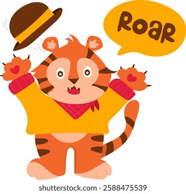 Cute orange tiger in yellow sweater and hat roaring, kids print, mascot with hearts