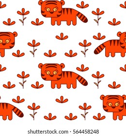 Cute orange tigers and flowers on white background. Simple graphics like icons. Seamless vector pattern for wallpaper, web page background, textile design, graphic design.