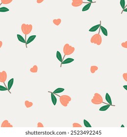 Lindo elemento de flor de tulipán naranja, hojas, corazón. Hoja floral. Abstractas patrón de dibujos animados sin fisuras. Textura para tarjeta, tela, envoltura, textil, Fondo de pantalla, fondo, papel gif, bufanda, caja del teléfono.