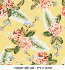 cute orange vector flowers with green leaf bunches pattern on yellow background