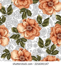 cute orange vector stock flowers with green leaf pattern on seamless paisley background